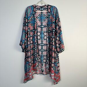 Tolani Collection Kimono Longline Cardigan 1X Blue Red Multicolor Abstract Print